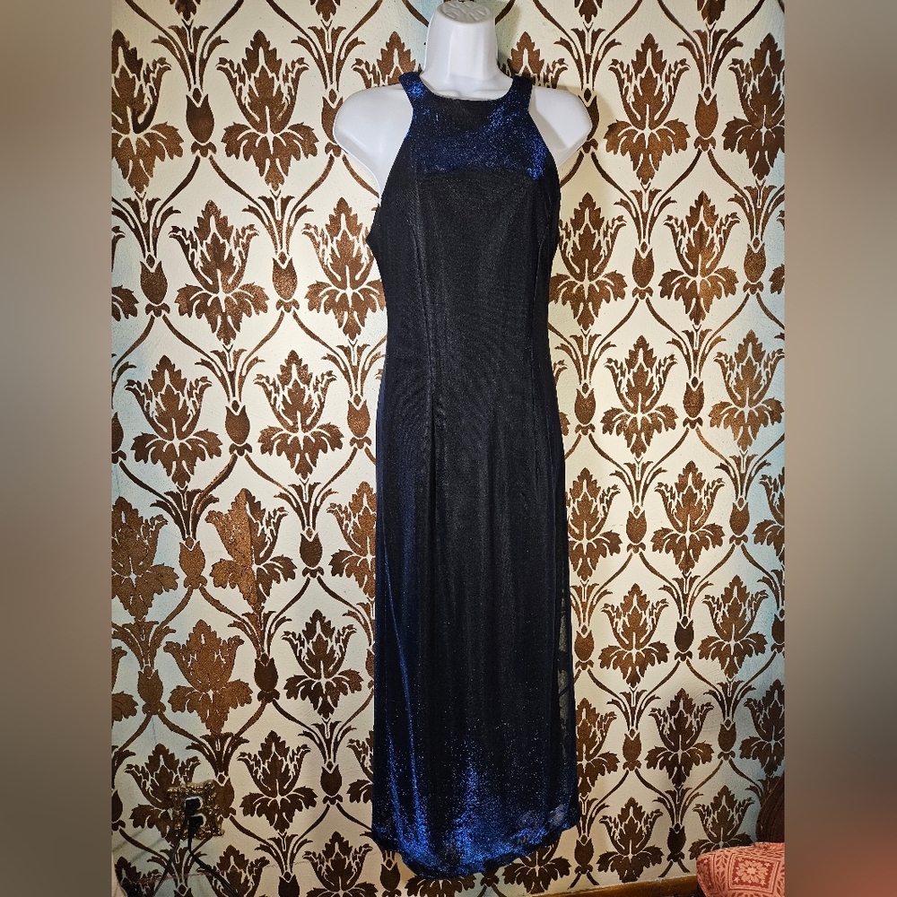 Vtg. ALL THAT JAZZ Y2k Maxi Bodycon Black/Blue Metallic  Women's 9/10 Dress USA